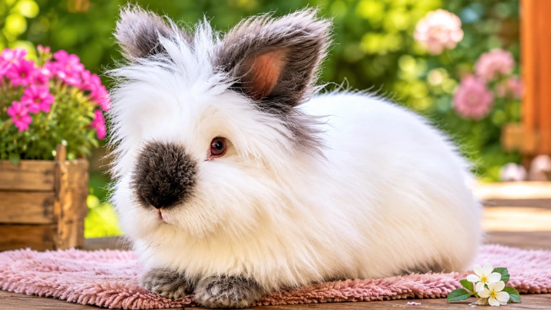 Long haired bunny rabbit with fluffy white coat sitting indoors