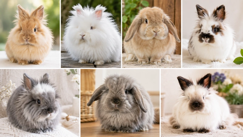 Collection of seven different fluffy rabbit breeds including Angora and Lionhead