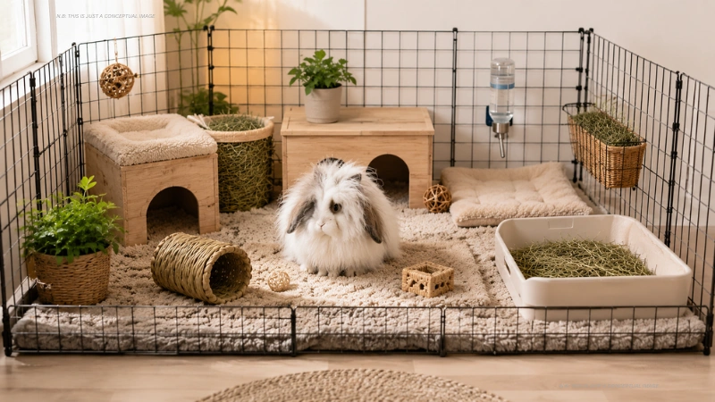 Proper indoor rabbit cage setup for long haired bunny with soft bedding and cool environment