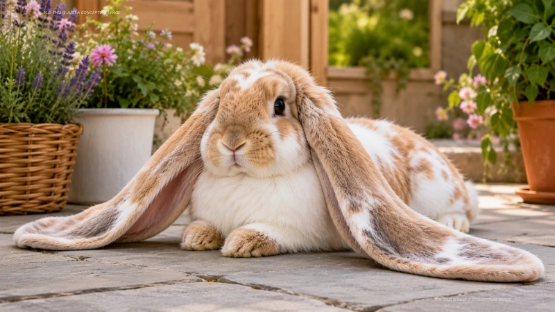 English Lop rabbit with extremely long floppy ears dragging on ground