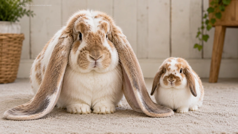 English Lop rabbit with extremely long ears next to Holland Lop for size comparison