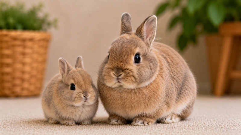 Baby dwarf rabbit sitting next to adult dwarf rabbit showing they look similar