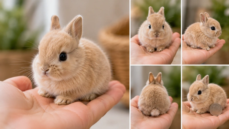 Netherland Dwarf bunny sitting in a hand showing small size