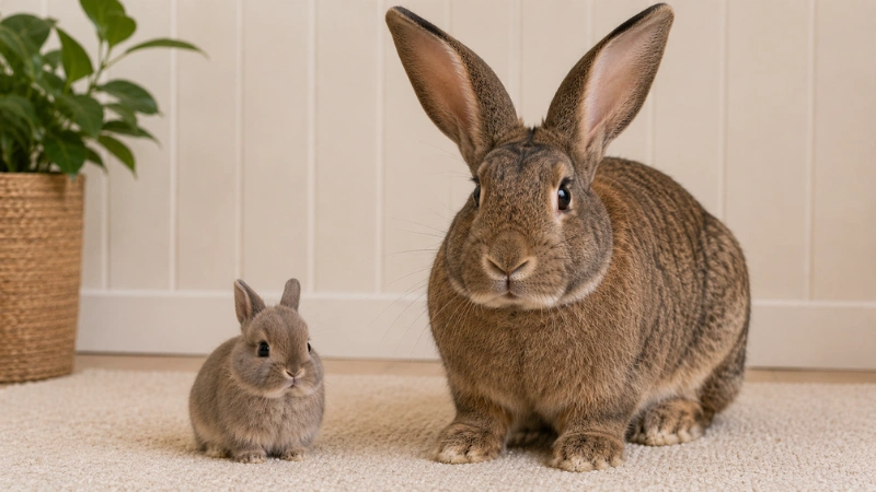 Netherland Dwarf dwarf rabbit sitting next to Flemish Giant rabbit for size comparison