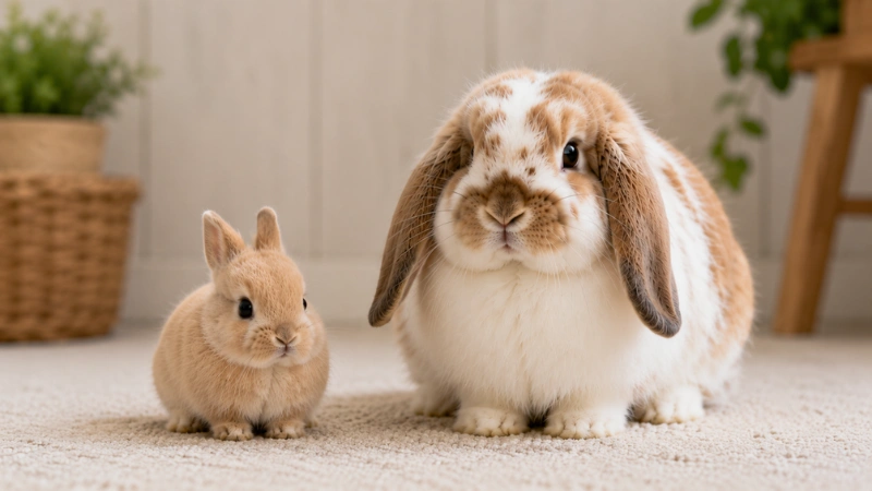 Netherland Dwarf rabbit sitting next to a Holland Lop for size comparison