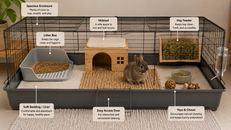 Proper indoor cage setup for a dwarf bunny with hideout, litter box, hay feeder